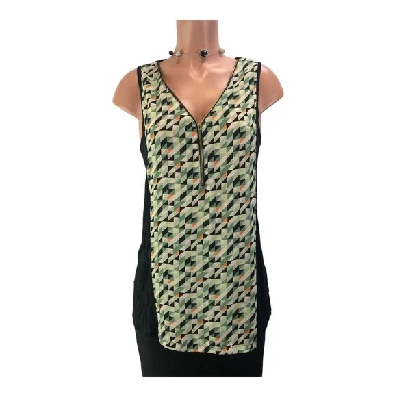 August silk black Green sleeveless tank blouse beaded neck design MED - Picture 7 of 13